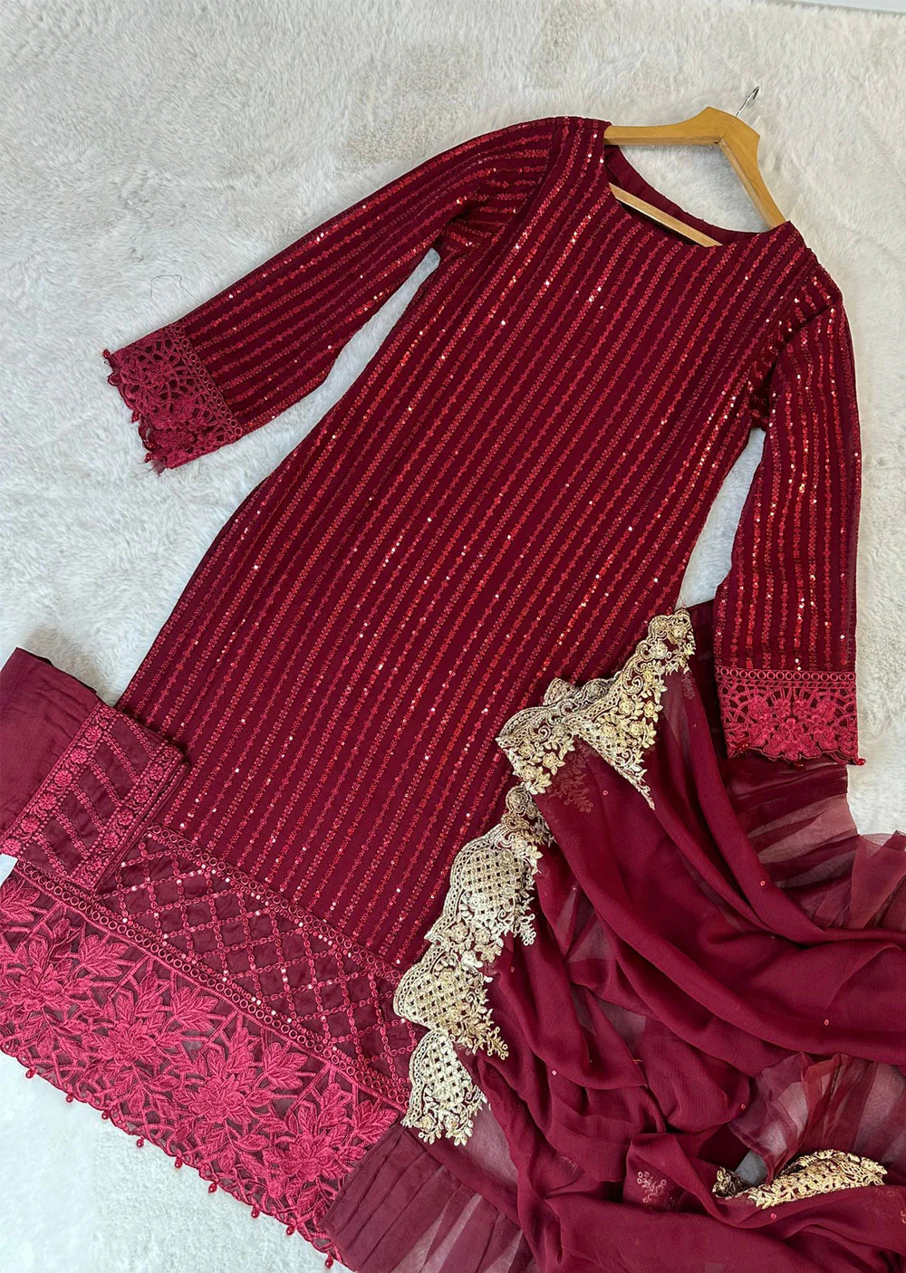 UMR901 Rixos - Maroon Memsaab Formal Chiffon Suit - Image 5