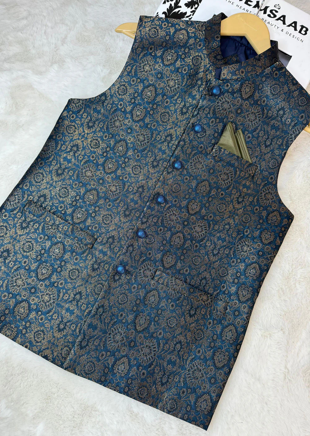 W-2241 Mens Premium Teal Jammawar Waist Coat