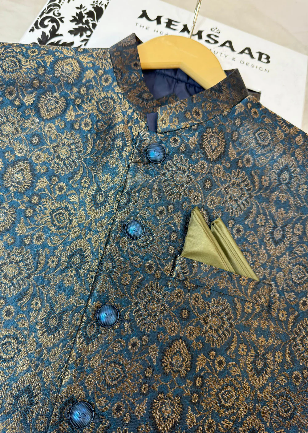 W-2241 Mens Premium Teal Jammawar Waist Coat - Image 2