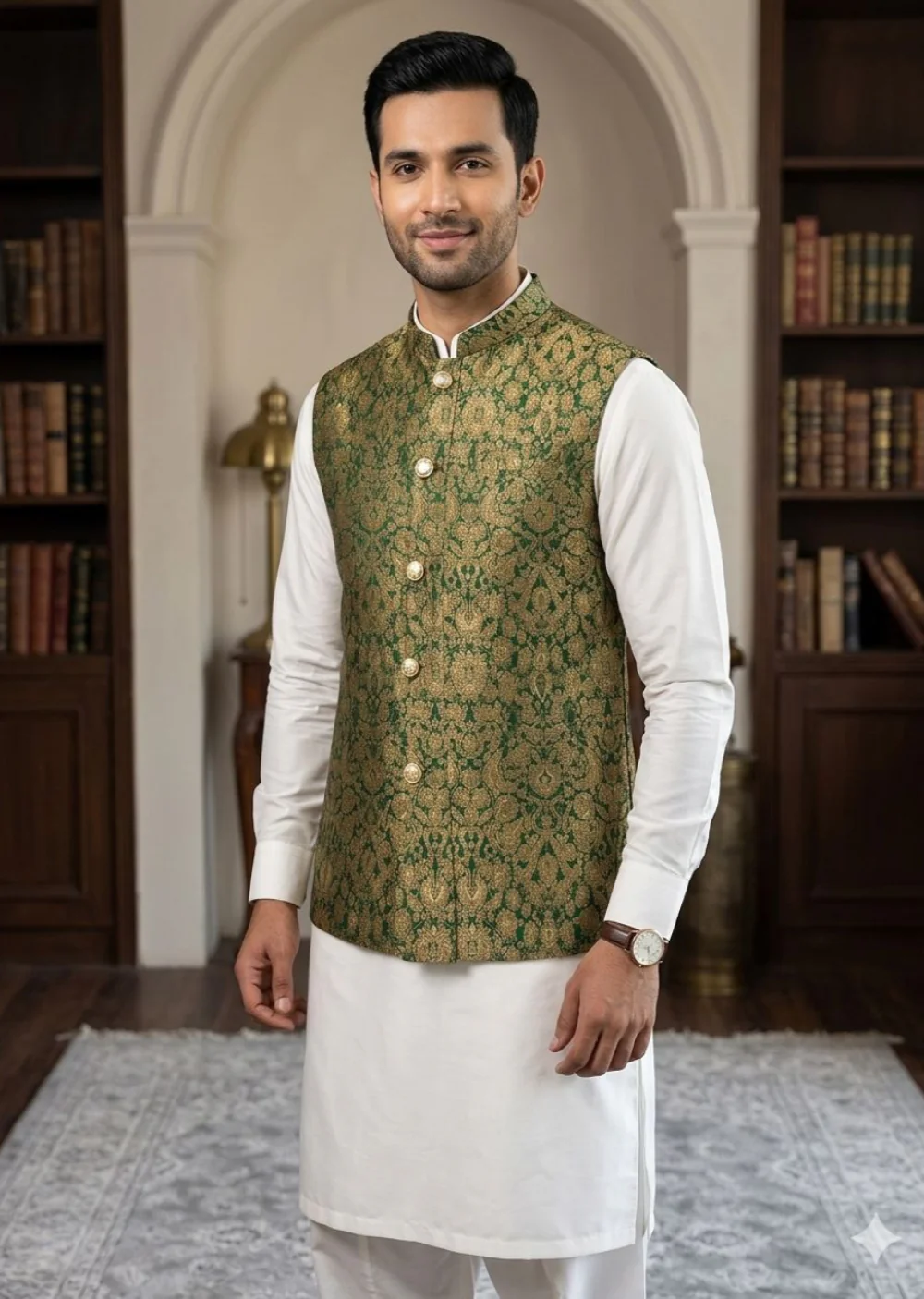 W-2200 - Mens Premium Green Jammawar Waist Coat