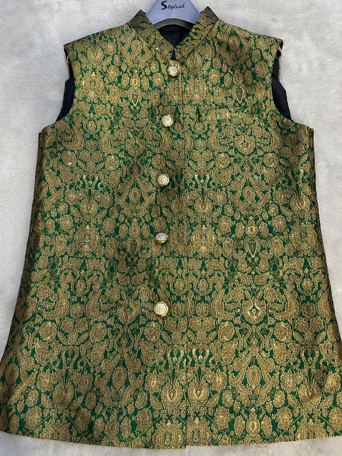 W-2200 - Mens Premium Green Jammawar Waist Coat - Image 2