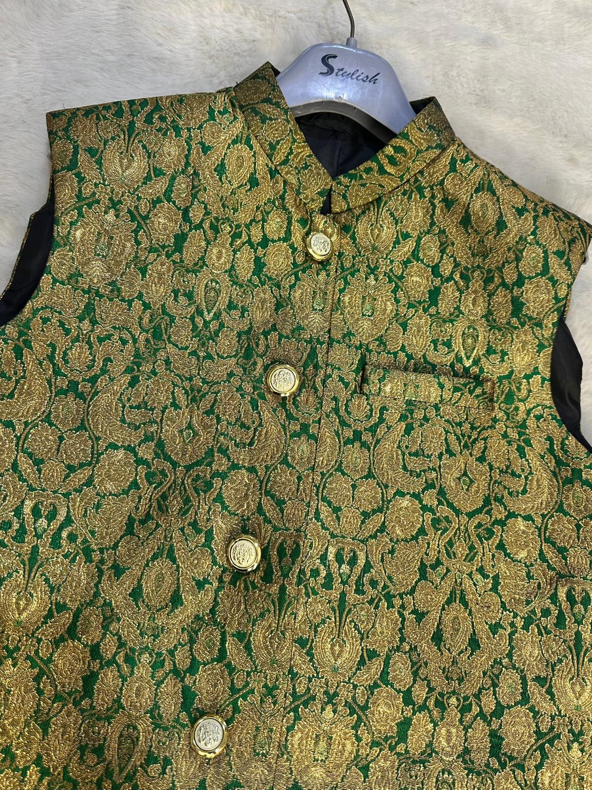 W-2200 - Mens Premium Green Jammawar Waist Coat - Image 3