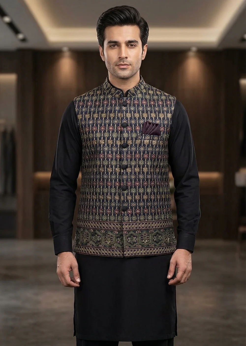 W-3081 - Adam - Black Embroidered Waistcoat