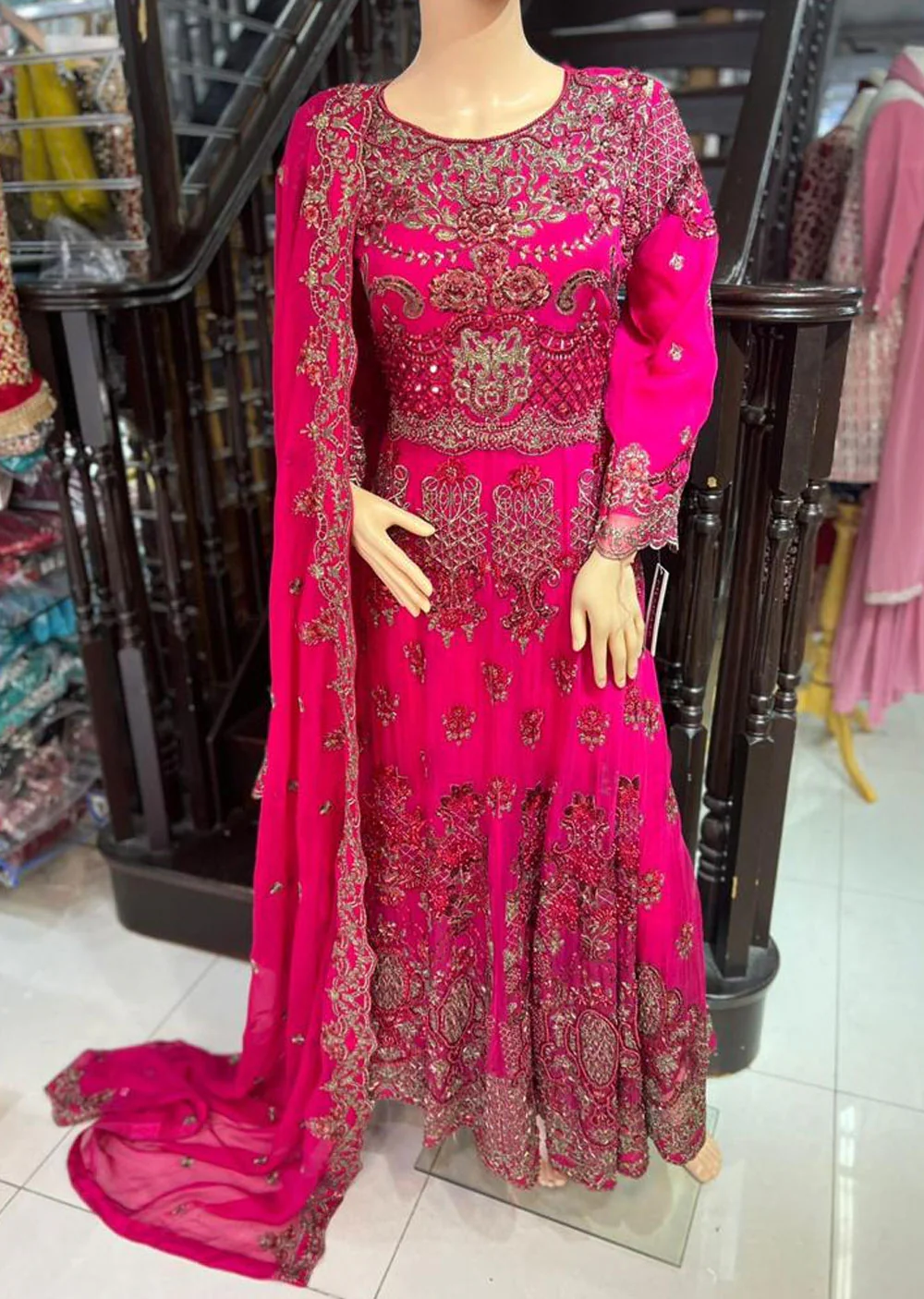 ZN1405 - Shocking Pink Chiffon Readymade Maxi Dress