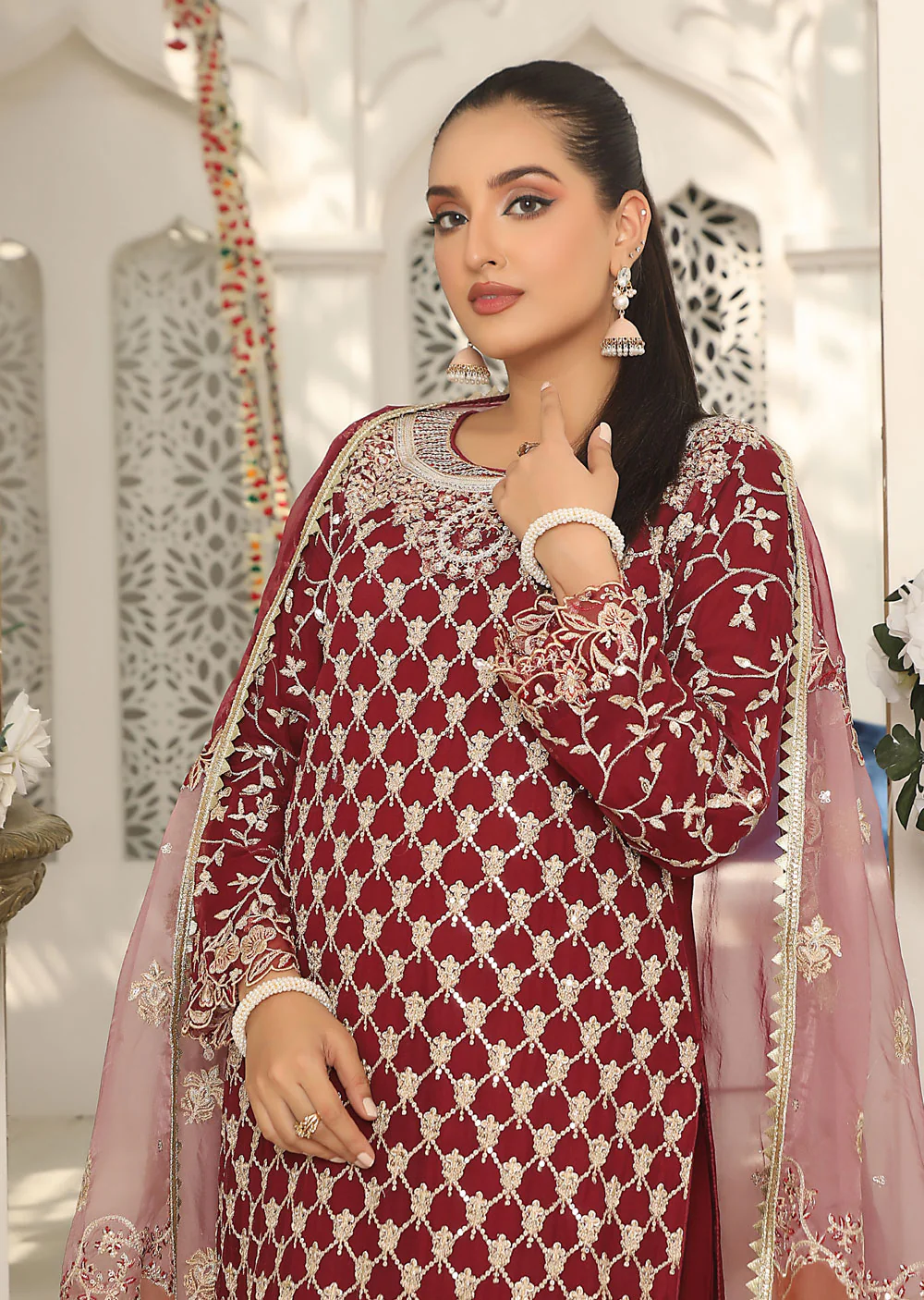 ZN1490 Maroon Readymade Chiffon Shararah Suit - Image 3