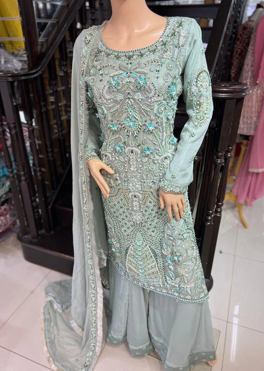 ZN1631 - Mint Readymade Chiffon Fancy Suit