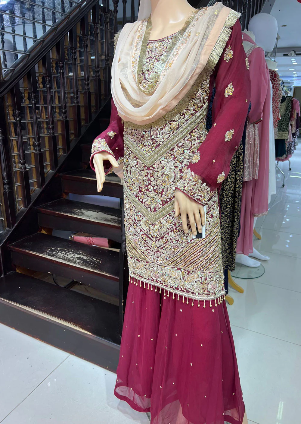 ZN1634 - Maroon Wedding Shararah Suit - Image 3