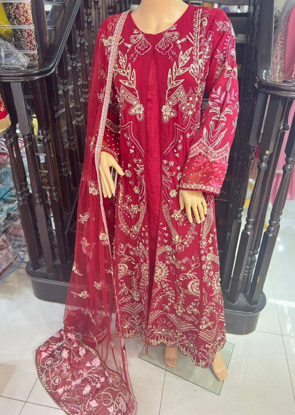 ZN1654 - Dark Red Chiffon Readymade Jacket Style Suit