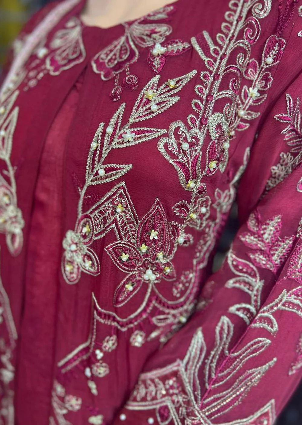 ZN1654 - Dark Red Chiffon Readymade Jacket Style Suit - Image 2