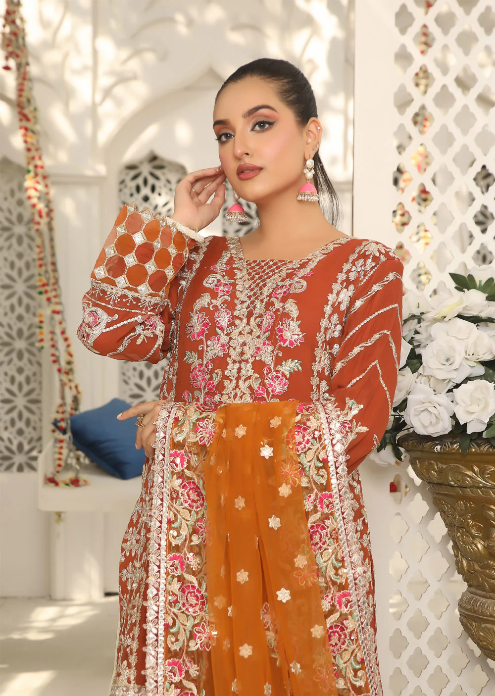 ZN1951 Rust Readymade Chiffon Suit - Image 3