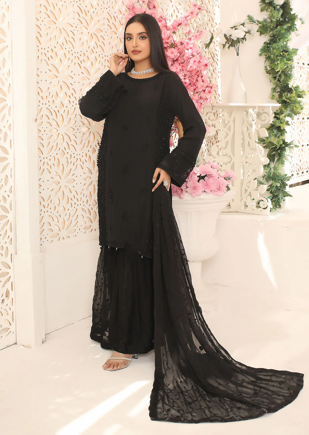 ZN1961 Black Readymade Chiffon Suit - Image 4